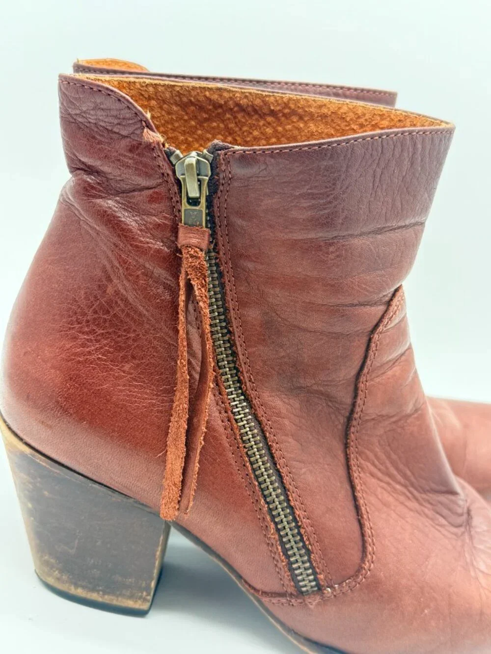 Women's Brown Leather Ankle Boots Block Heel Moto Boho Quiet Luxury w10 3964